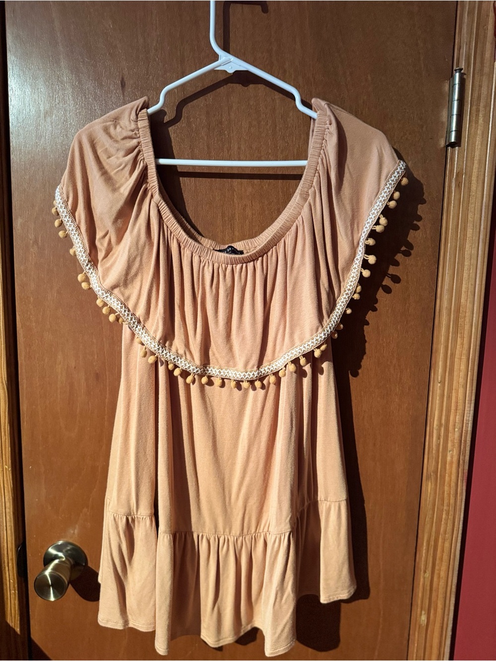 Peach Pom Pom Off-Shoulder Tunic Top